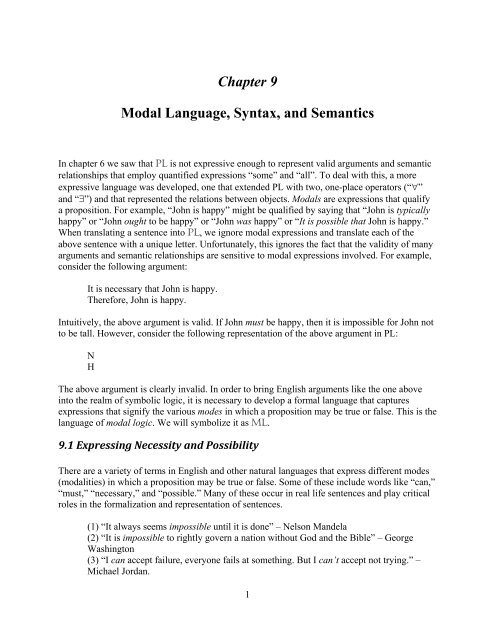 Chapter 9 Modal Language, Syntax, and Semantics - David W. Agler