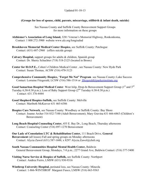 Updated 01-10-13 (Groups for loss of spouse, child, parents ...