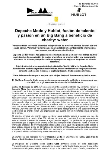 Hublot Depeche Mode Charity Water Press Release ESP FINAL