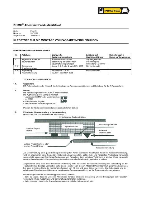 KOMO Attest mit Produktzertifikat