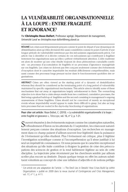 LA VULNÃRABILITÃ ORGANISATIONNELLE Ã LA LOUPE : ENTRE ...