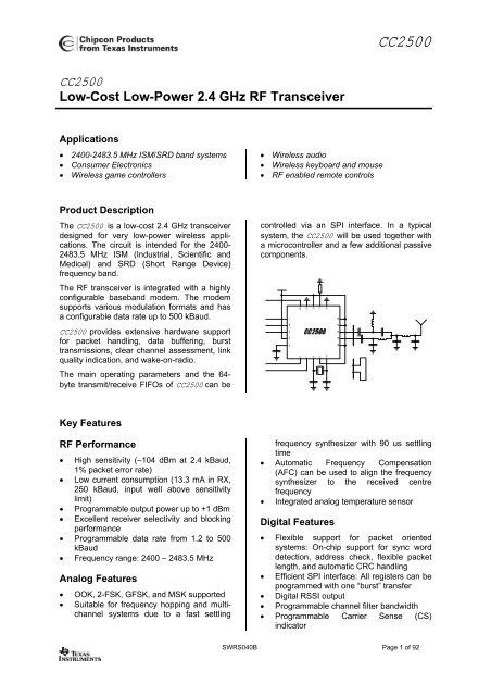 Single-Chip Low Cost Low Power RF-Transceiver (Rev. B