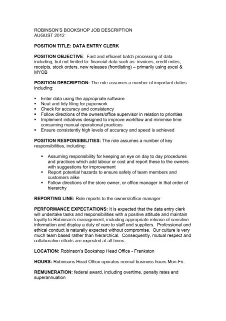 ROBINSON'S BOOKSHOP JOB DESCRIPTION - Robinsons Bookshop