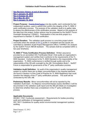 Validation Audit Processes - TL 9000