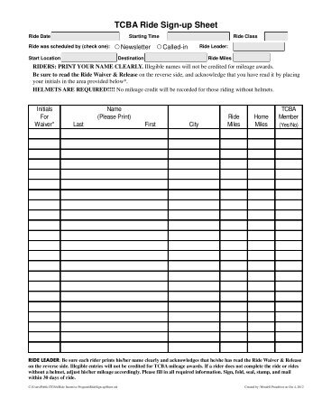 TCBA Ride Sign-up Sheet - Tri-County Bicycle Association
