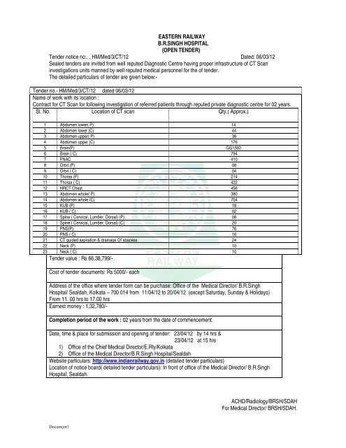 Tender notice no:. . HM/Med/3/CT/12 Dated - Eastern Railway