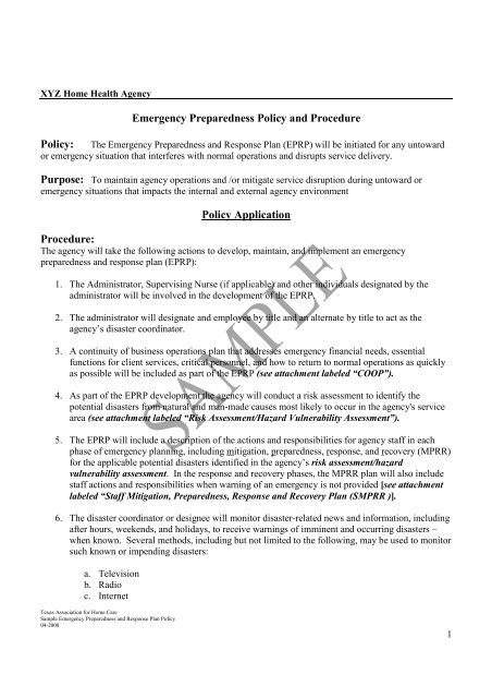 Emergency Preparedness Policy and Procedure Policy Application ...