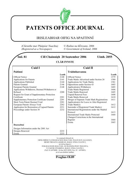 PATENTS OFFICE JOURNAL - Irish Patents Office