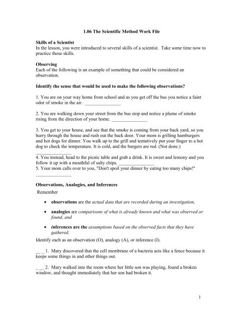 1.06 The Scientific Method Work File Skills of a Scientist In the ...