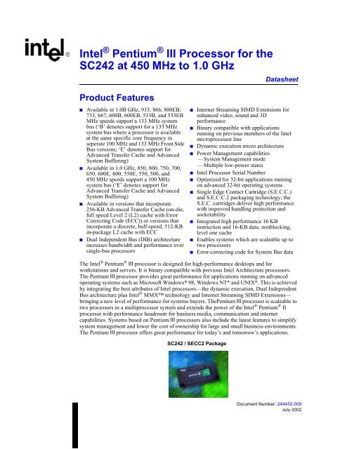 Intel Pentium III Processor for the SC242 at 450 MHz to 1.0 GHz
