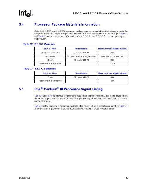 Intel Pentium III Processor for the SC242 at 450 MHz to 1.0 GHz