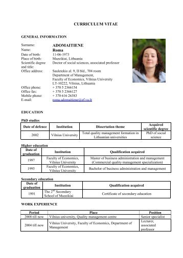 [CV] Roma AdomaitienÄ - Vilniaus universitetas
