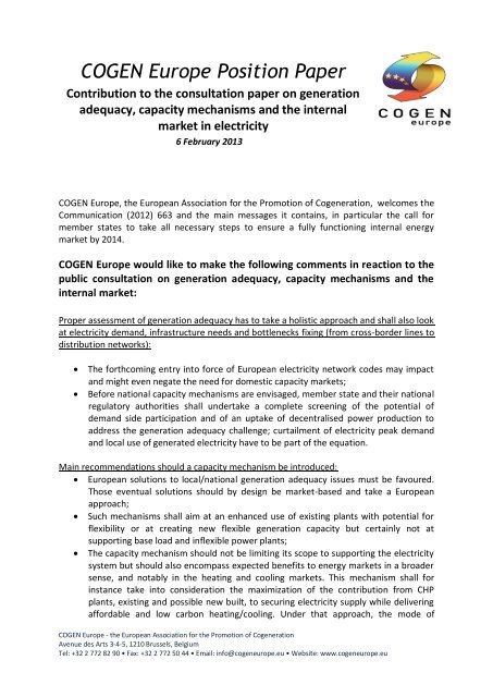 COGEN Europe Position Paper - Contribution to the consultation ...