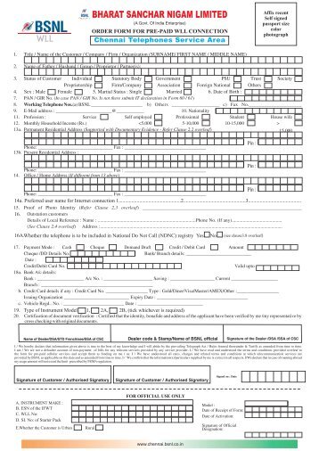 WLL Connection Application Form - Chennai Telephones - BSNL