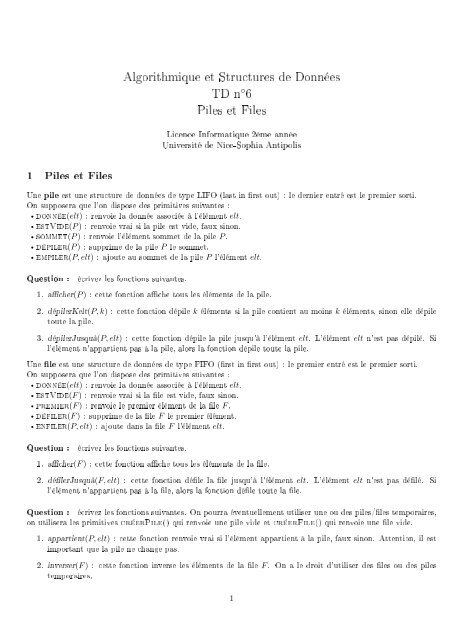 Algorithmique et Structures de DonnÃ©es TD n6 Piles et Files