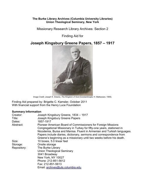 Joseph Kingsbury Greene Papers - Columbia University Libraries