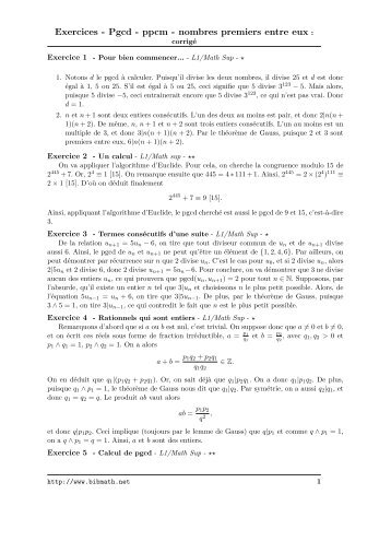 Exercices - Pgcd - ppcm - nombres premiers entre eux : - Bibmath