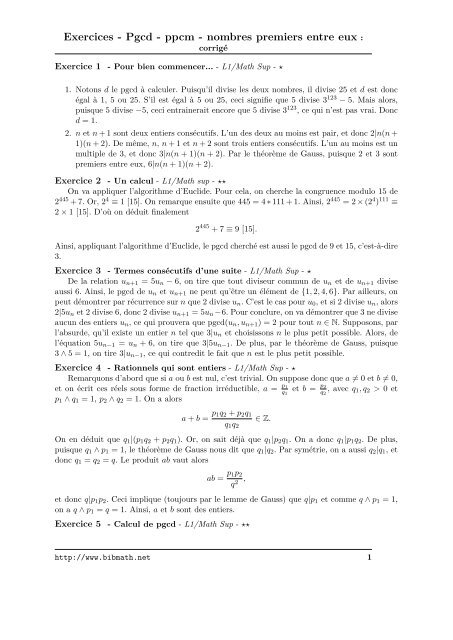 Exercices - Pgcd - ppcm - nombres premiers entre eux : - Bibmath