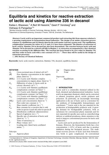 Equilibria and kinetics for reactive extraction of lactic acid ... - ITM