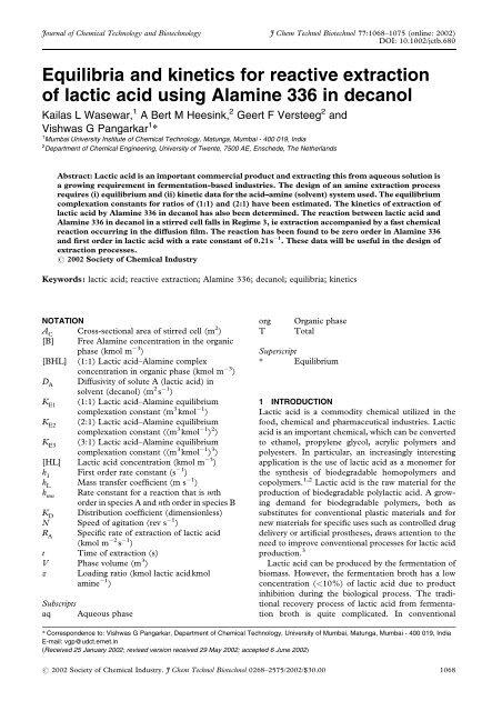 Equilibria and kinetics for reactive extraction of lactic acid ... - ITM