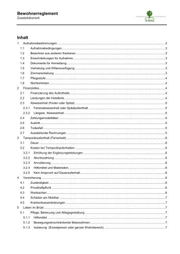 Bewohnerreglement Inhalt - Alterszentrum "Im Brüel"