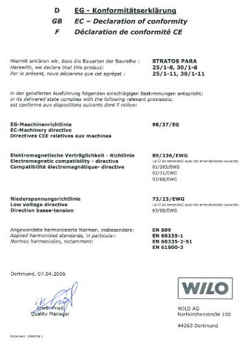 EG - KonformitÃƒÂ¤tserklÃƒÂ¤rung EC - Declaration of conformity ... - Wilo