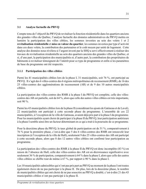 Ãvaluation du Programme de revitalisation des vieux quartiers (PRVQ)