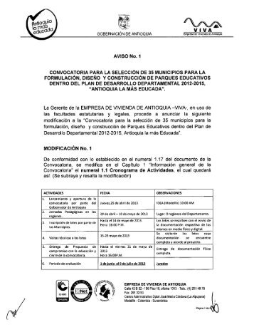 AVISO No. 1 - GobernaciÃ³n de Antioquia