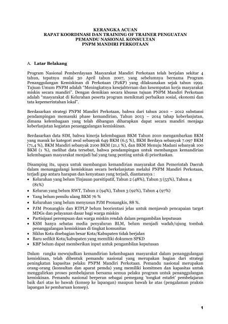 KERANGKA ACUAN RAPAT KOORDINASI DAN TRAINING - P2KP