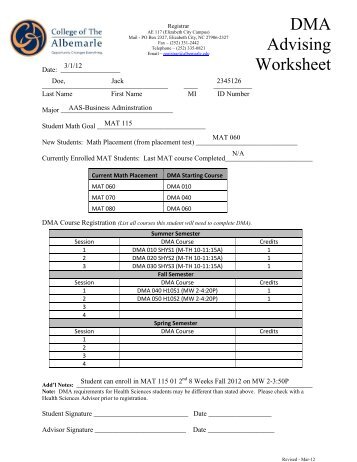 DMA Advising Worksheet Sample