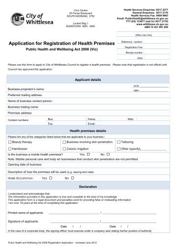 Application for Registration of Health Premises - City of Whittlesea