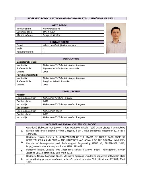 Nikola DavidoviÄ - ETF:ElektrotehniÄki fakultet IstoÄno Sarajevo