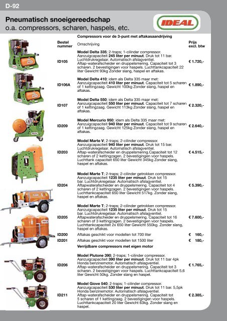 Pneumatisch snoeigereedschap o.a. compressors, scharen, haspels ...