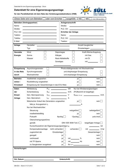 Datenblatt fÃ¼r eine Eigenerzeugungsanlage