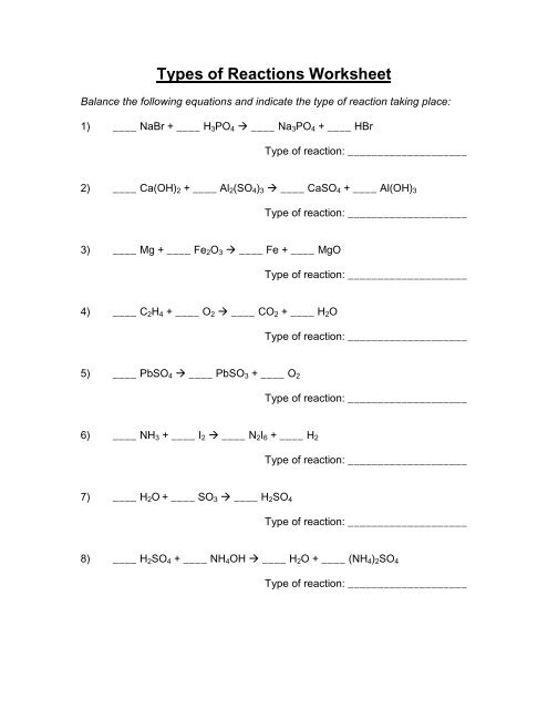 types of reactions worksheet 2 answers