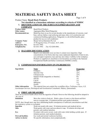 MSDS Basalt Products - Mt Sylvia Diatomite