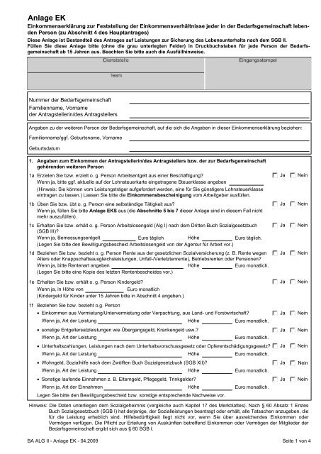 Alg II - Anlage EK - Hartz4 Neuwied