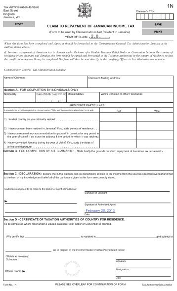 1N – Claim Form for Repayment of Jamaican Income Tax