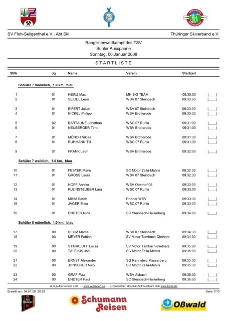 SV Floh-Seligenthal e.V., Abt.Ski ThÃ¼ringer Skiverband e.V. ...