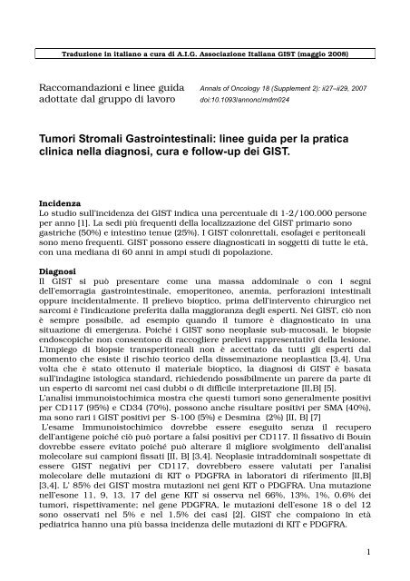 Tumori Stromali Gastrointestinali: linee guida per la pratica clinica ...