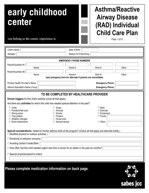 Asthma/Reactive Airway Disease (RAD) Individual Child Care Plan