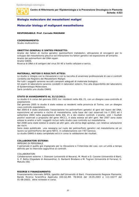 Schede di attivitÃ  - Epidemiologia eziologica / 2012 - CPO