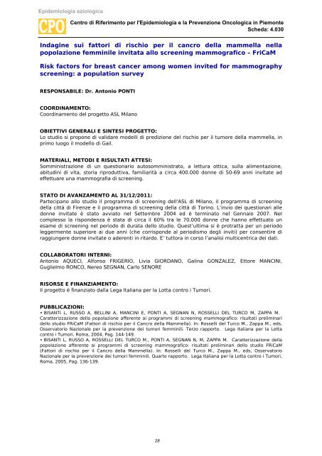 Schede di attivitÃ  - Epidemiologia eziologica / 2012 - CPO