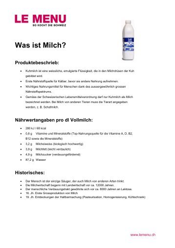 Facts rund um Milch zum Ausdrucken (PDF - Le Menu