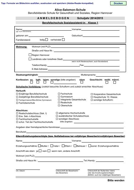 Anmeldeformular Klasse 1 - Alice-Salomon-Schule