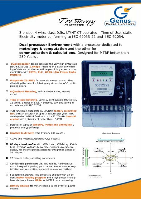 3 phase, 4 wire, class 0.5s, LT/HT CT operated , Time of Use, static ...