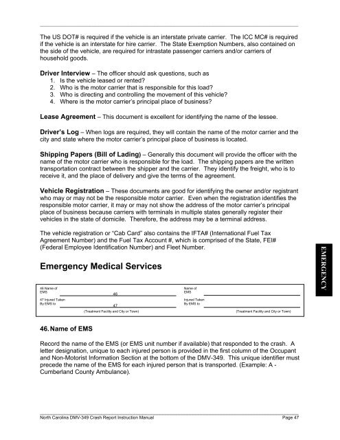 North Carolina Crash Report Instruction Manual - NHTSA