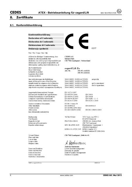 ATEX - Betriebsanleitung fÃ¼r cegard/Lift Ex - Cedes.com