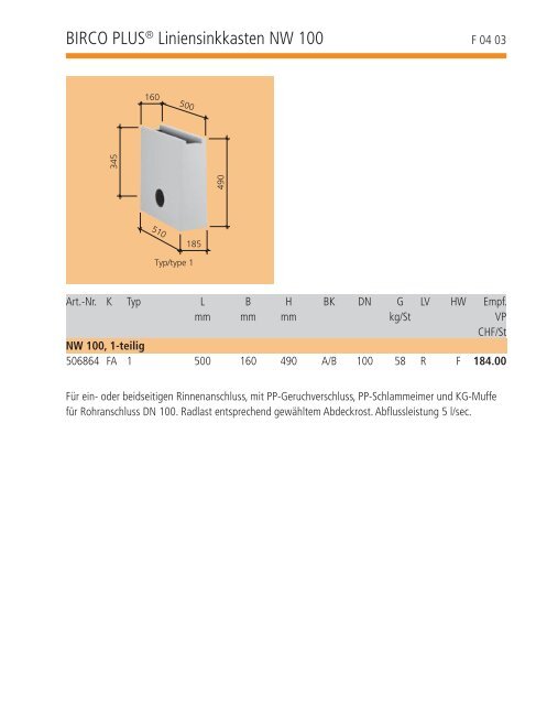 BIRCO PLUSÂ® Rinne NW 100 - Bieri Baumaterial AG