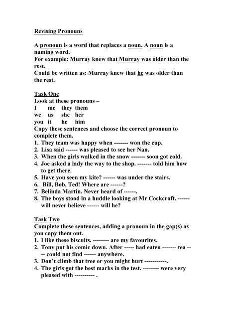 Revising Pronouns A pronoun is a word that replaces a noun. A ...